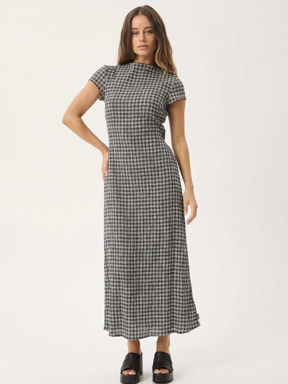 Afends Elodie Seersucker Midi Dress - Asta Steel Check - Size Large